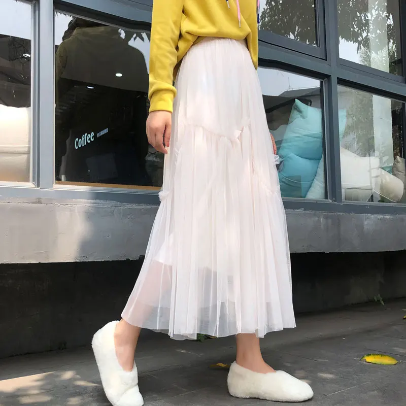 Женская длинная юбка феи белая тонкая сетчатая Осень-зима 2019 | одежда
