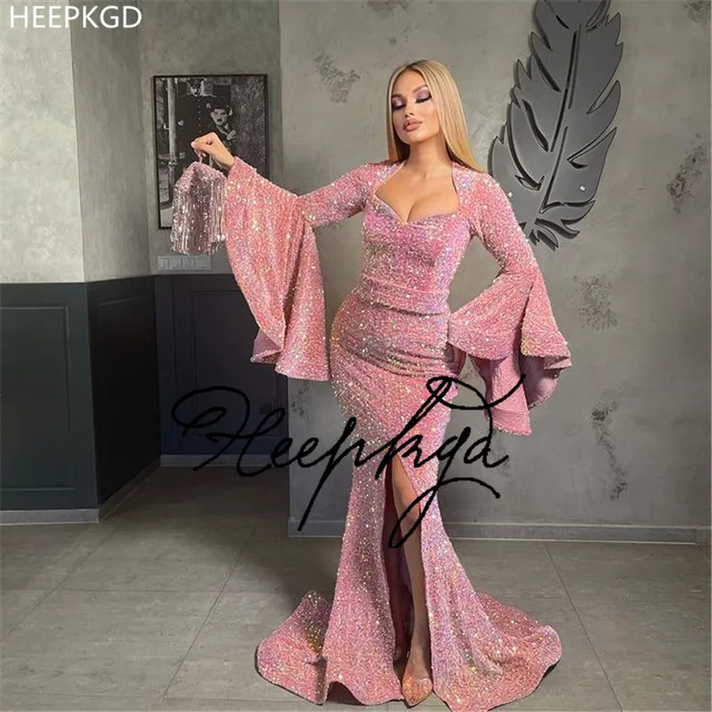 

Shiny Pink Sequins Mermaid Arabic Prom Dress With Flared Sleeves Side Slit Sweetheart Stretchy Long Wedding Party Evening Gowns