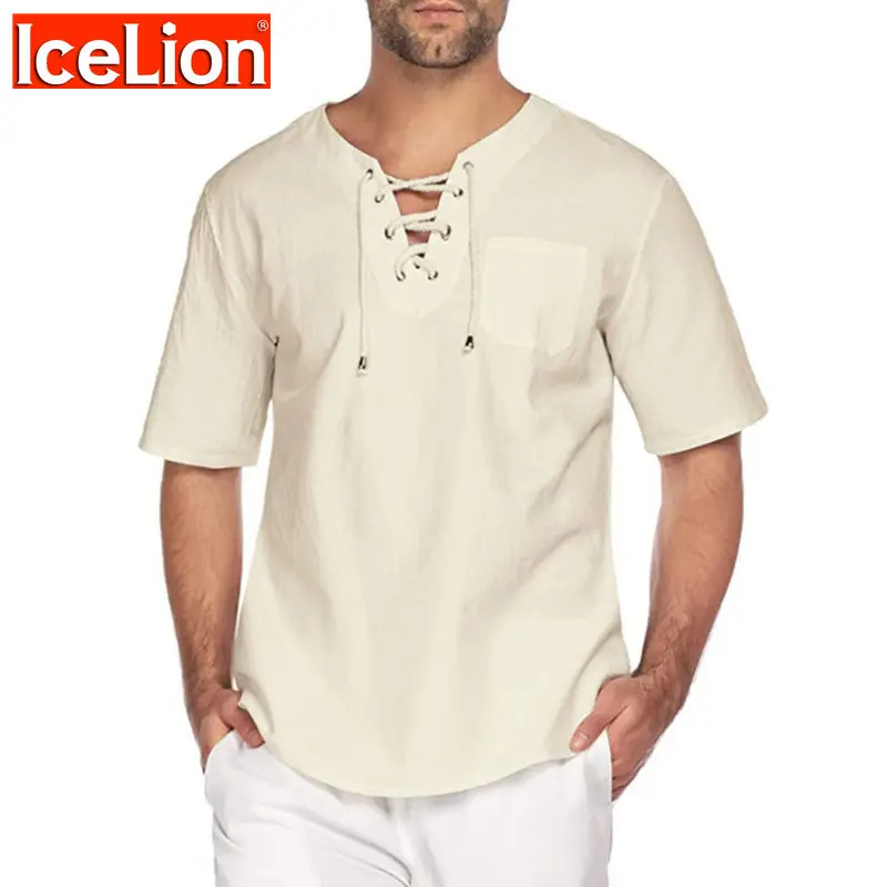 

Icelion 2021 Men T Shirt Summer Mesh Stitching Men Short Sleeve Casual Shirts For Men Lacing Solid T Shirt Slim Fit Short Sleeve