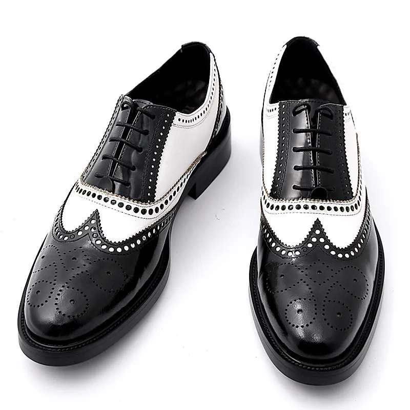 Мужские туфли-броги в стиле ретро черно-белые из натуральной кожи на резиновой