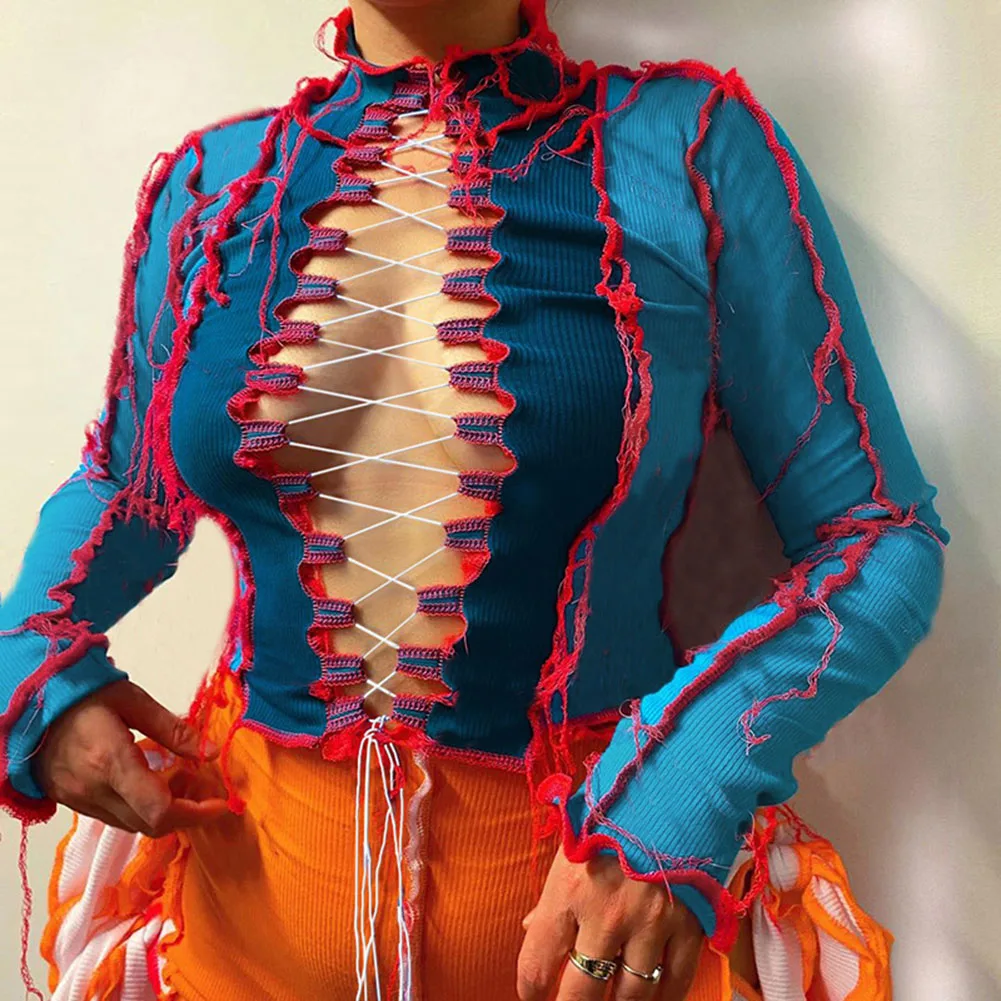 Синий ребристый уличная укороченный топ с длинным рукавом футболки женское