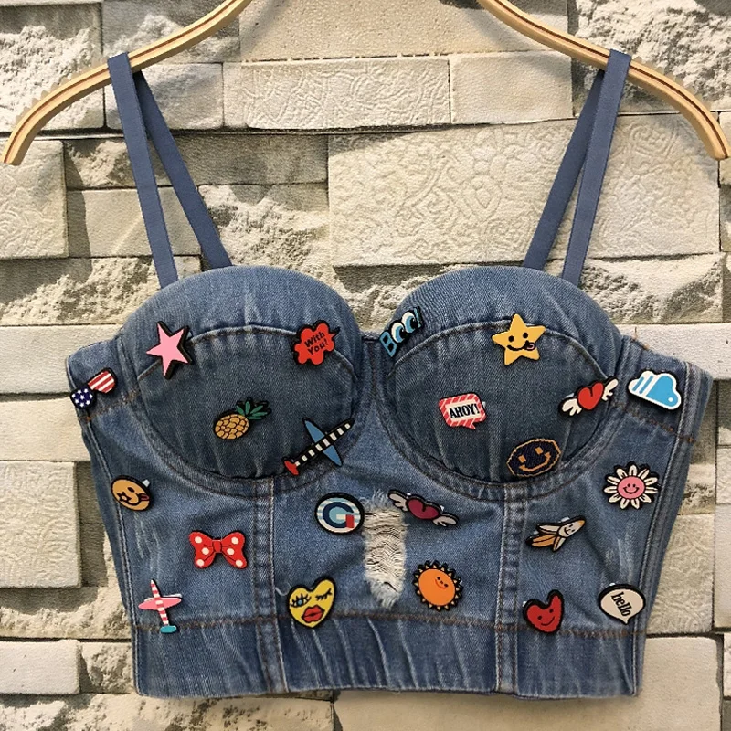 

New Cowboy Hole Push Up Denim Bustier Crop Top Womens Ripped Sexy Cropped Feminino Strappy Bralette Bras Camis Tops Cropped