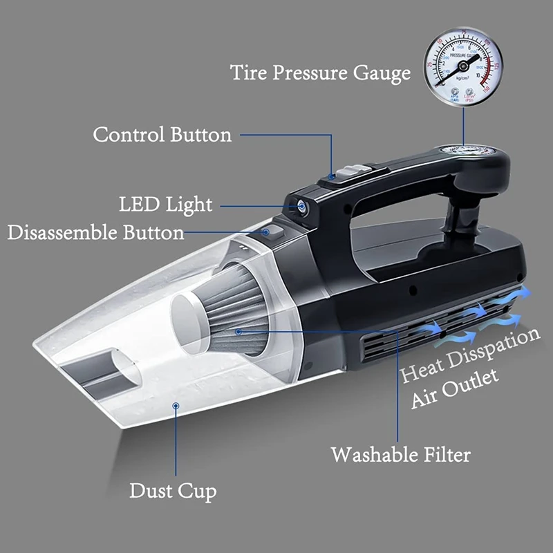 4 in 1 Car Vacuum Cleaner Tire Inflator 6000PA High Power Suction Wet/Dry Portable | Автомобили и мотоциклы