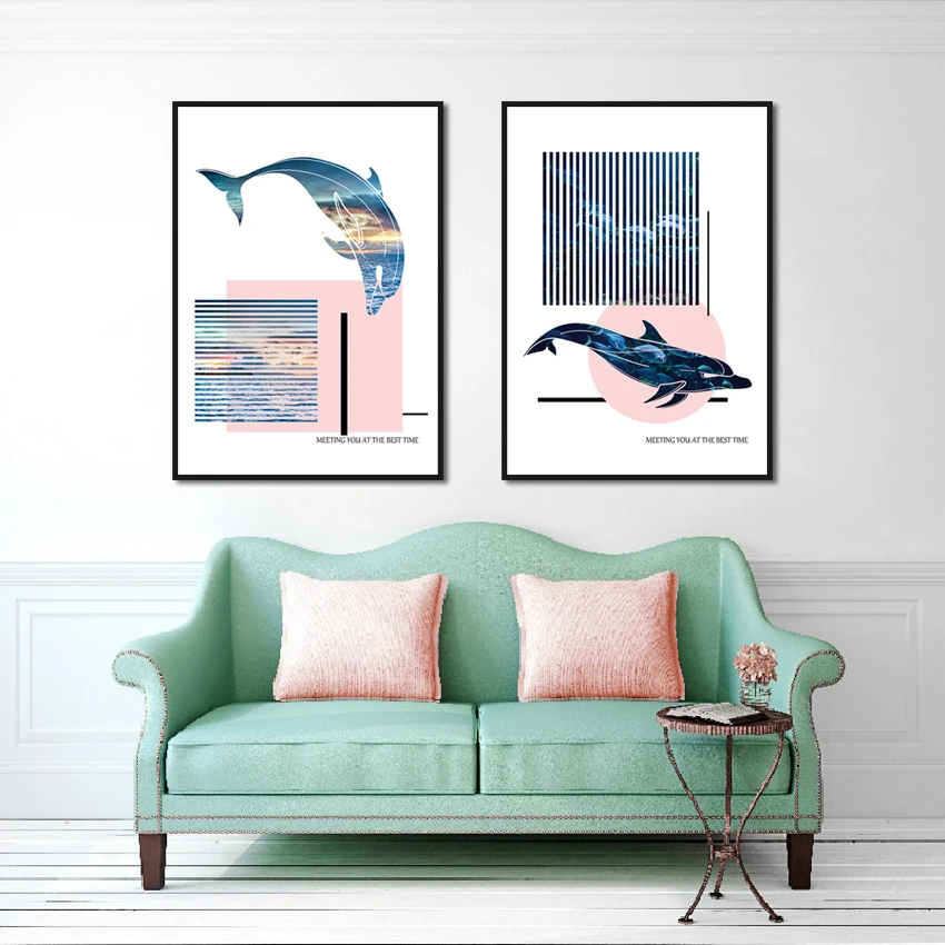 

Minimalist Modern Canvas Poster Abstract Animal Dolphin Silhouette Geometric Pattern Color Matching Decorative Painting
