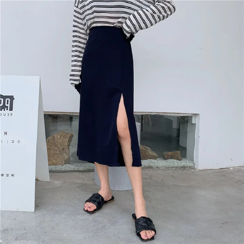 

2020 New High Waist Skirts with side slits Women Autumn Skirt Cute Casual Elastic Waist Women A-Line Skirt Jupe Faldas Panelled