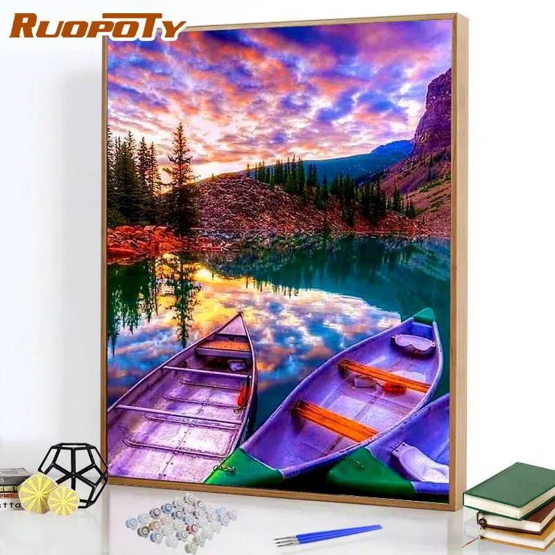 

RUOPOTY DIY pictures by numbers Purple Boat riverside scenery Acrylic Handpainted Paint For Adult Home Decor