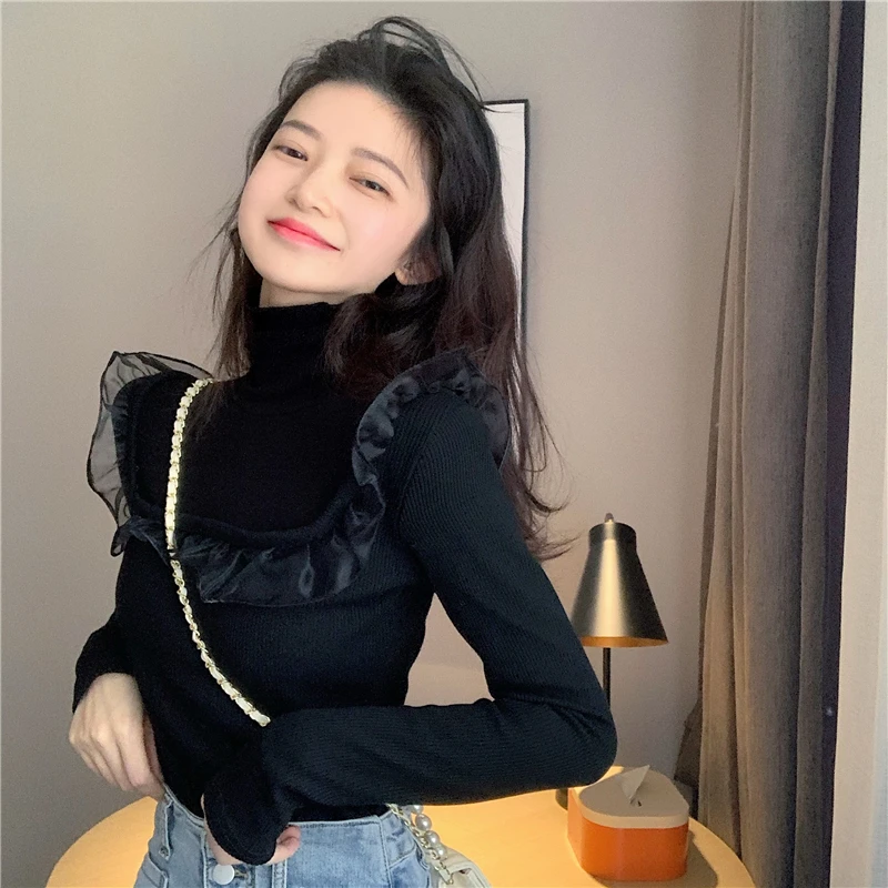

KUSAHIKI Korean Mesh Ruffle Patchwork Pullover Knitwear Long Sleeve Turtleneck Slim Knitted Tops 2021 Spring New Jumper 6E350