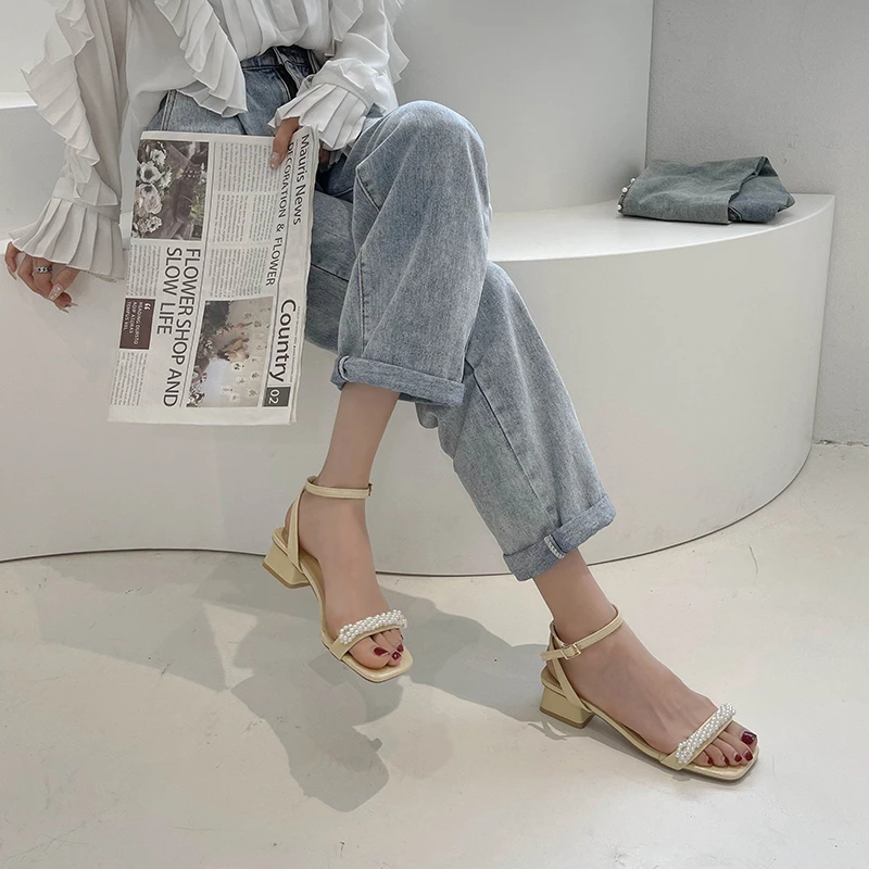 

Square Toe Med High Heel Sandal for Women Suit Female Beige Clear Shoes Buckle Espadrilles Platform 2021 Summer Medium High-heel
