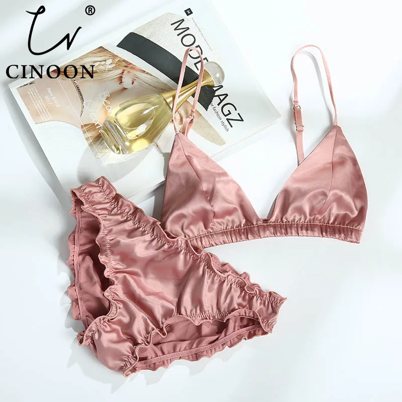 Cinoon Bralette Провода атласный бюстгальтер тонкий Треугольники чашки Твердые Цвет бюстгальтер и трусики Комплект белья Нижнее Бельё для девочек Для женщин бюстгальтер