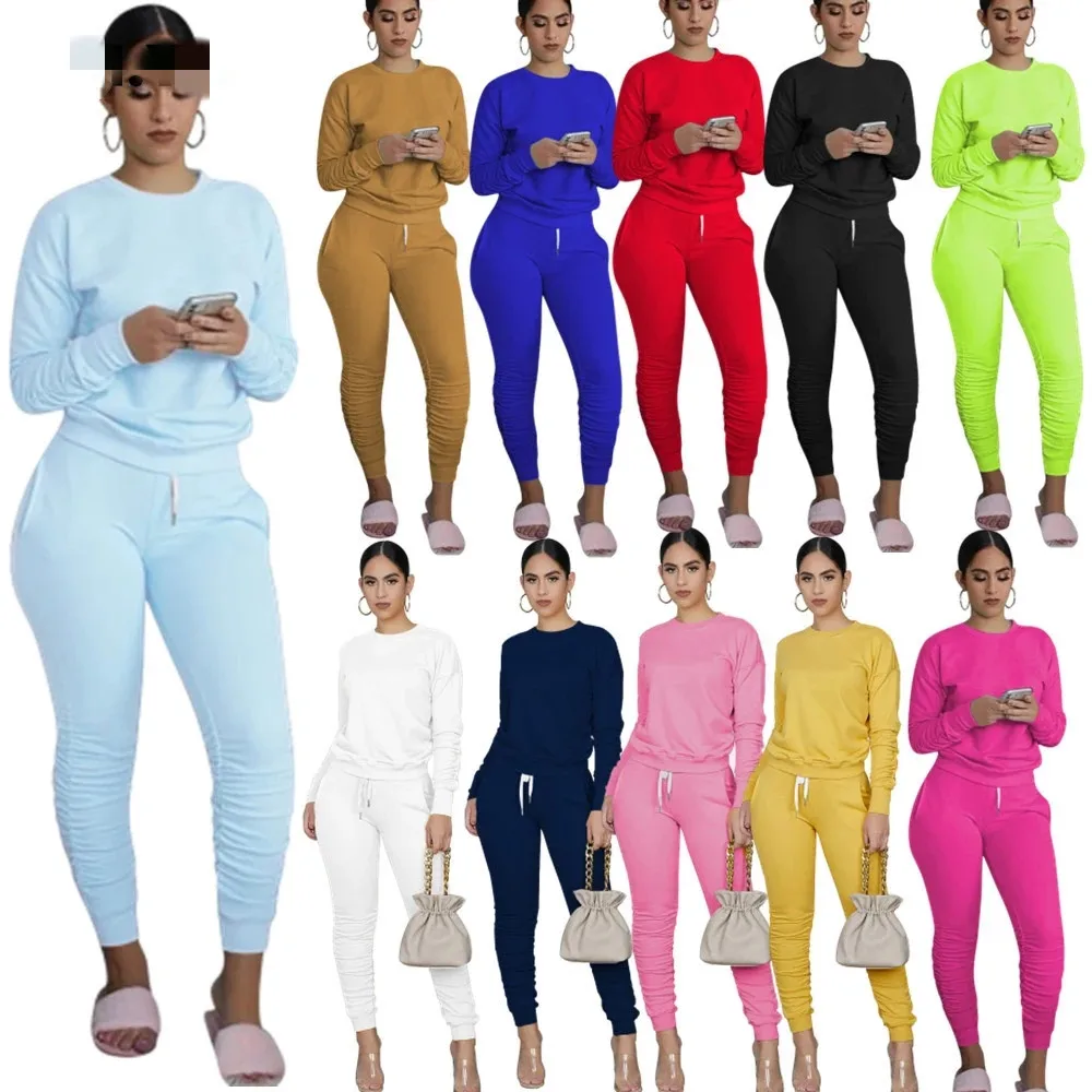 

Winter Casual Sport Women Two Piece Set Tracksuit Long Sleeve Sweatshirt Tops Stacked Jogger Sweatpant Suit Outfits Matching Set