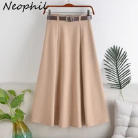 neophil 2022 summer women solid midi skirt belt high waist ladies a line safari style sashes girl skirt casual longa saia s21201