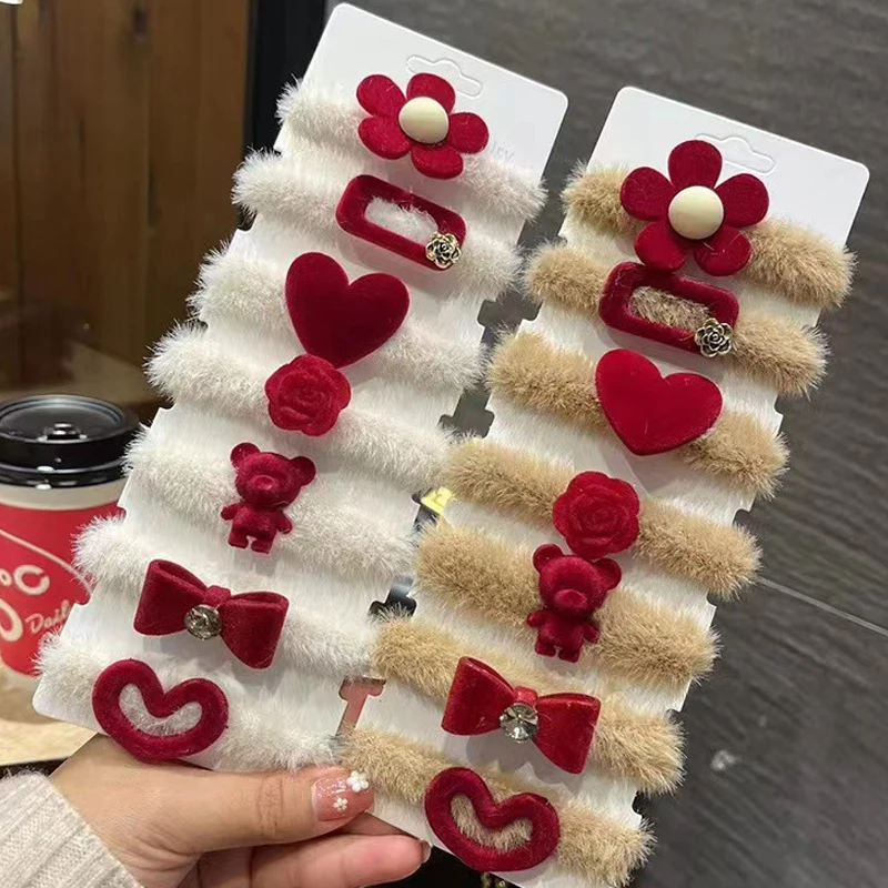 

7Pcs/Set Autumn and Winter Women Warm Sweet Hair Scrunchies Solid Soft Vintage Hair Gums Bear Love Rubber Bands For Hair Bun