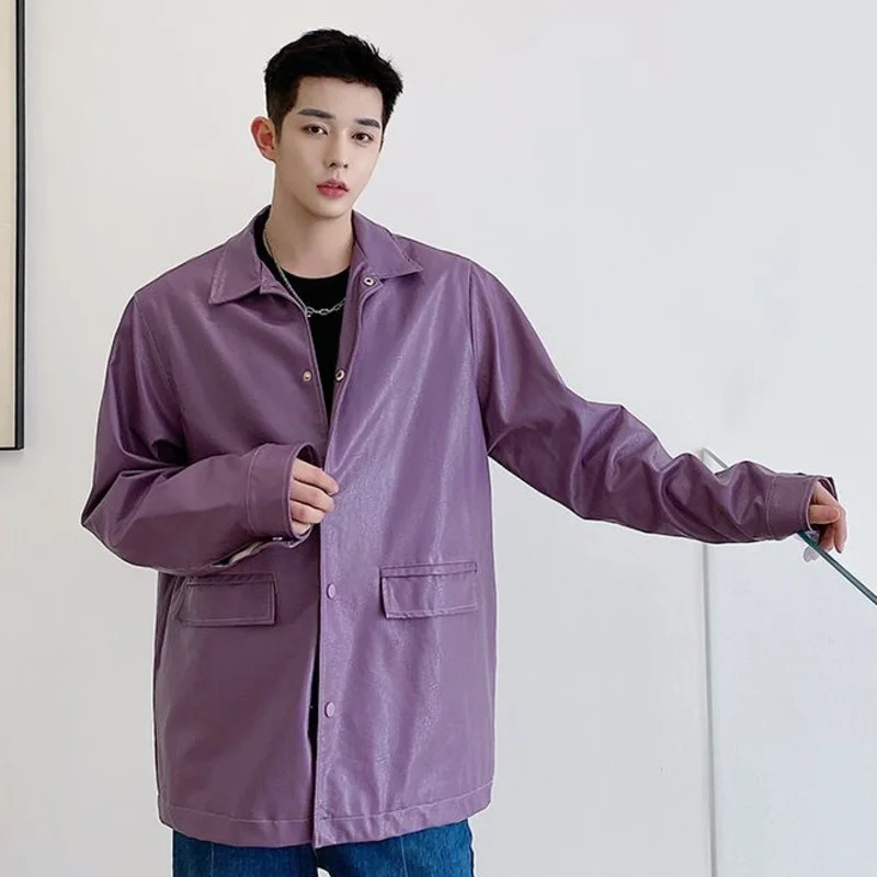 

Куртка мужская из искусственной кожи, однобортная свободная уличная одежда с отложным воротником, пальто оверсайз с двумя карманами, фиоле...