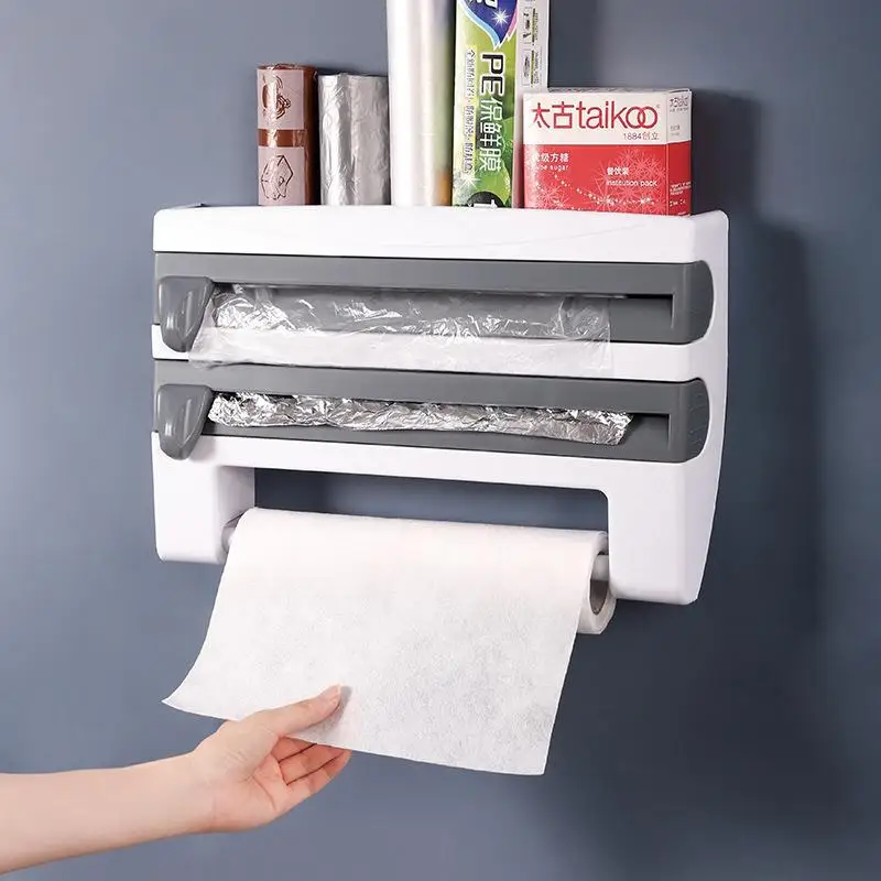 4 In 1 Wall-Mount Towel Holder Sauce Bottle Cling Film Storage Rack With Blade Cutting Food Dispenser Foil Paper Towel Rack tool