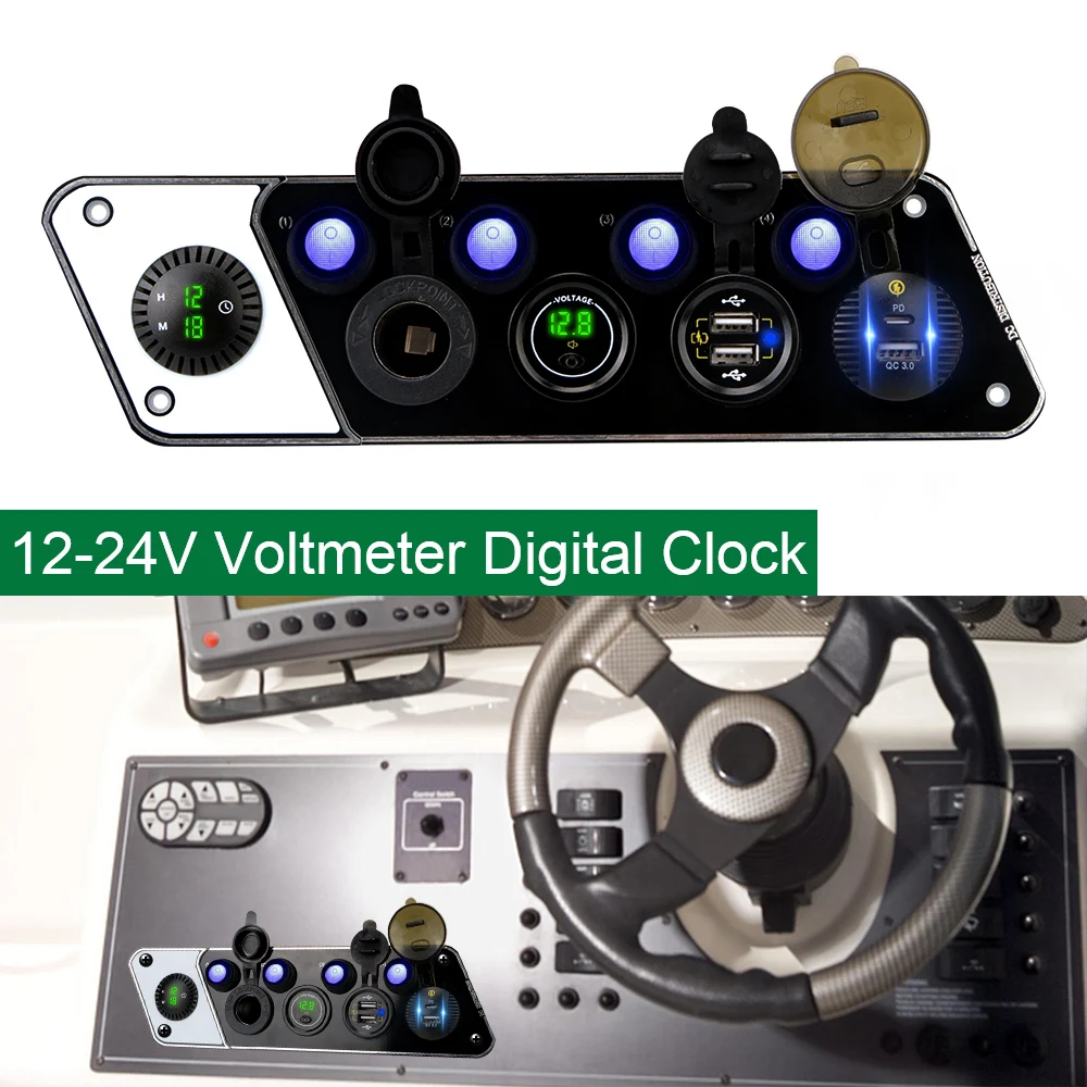 

QC3.0 PD Dual USB Digital Voltmeter Clock 12-24V 36W Charger Socket For Car Marine 4 Gang Switch Panel Cigar Lighter Waterproof
