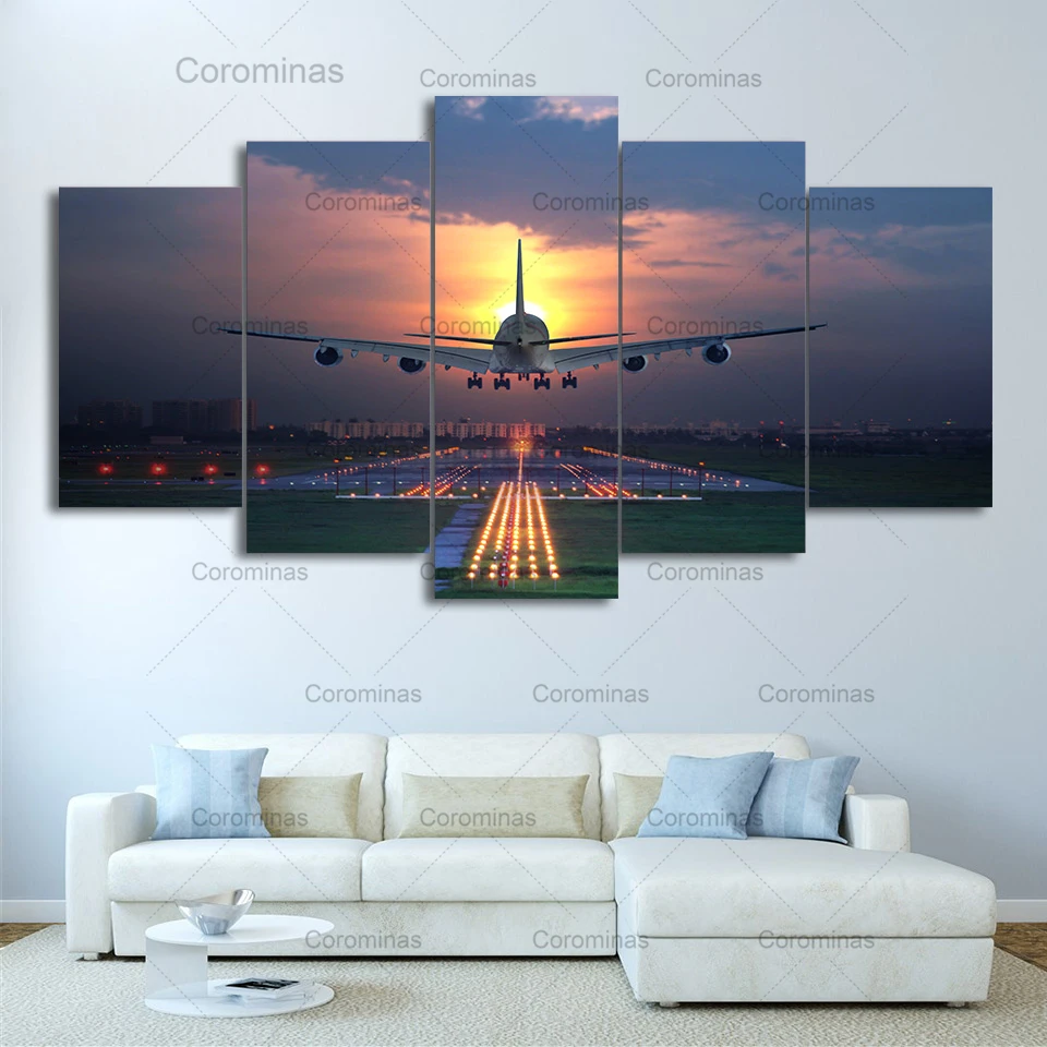 

5 Pieces Canvas Painting Sunset Lights Airplane Lawn Hd Wall Art Aircraft Posters and Prints for Living Room Home Decoration