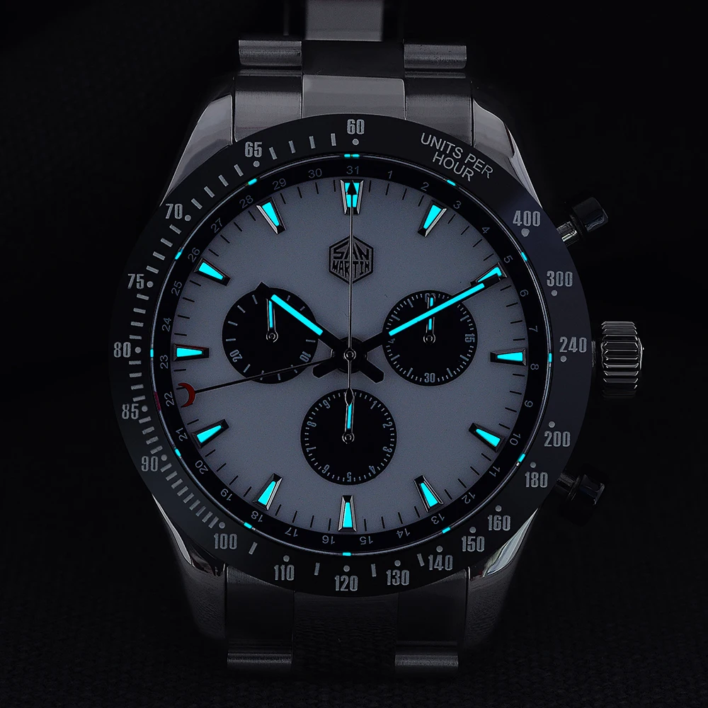 

San Martin Stainless Steel Men Quartz Chronograph Watch Business Classic Swiss Ronda 5040 F Sapphire Ceramic Top Ring Luminous
