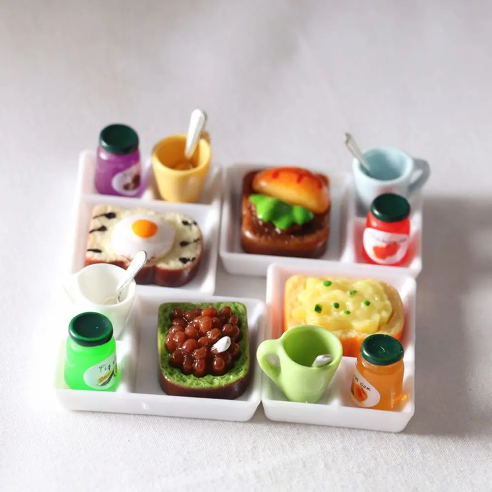 

5 Pcs/set Dollhouse MIniature Toast Bread Jam Food Model Dinner Plate Cup Spoon For Doll House Play Kitchen Accessoreis