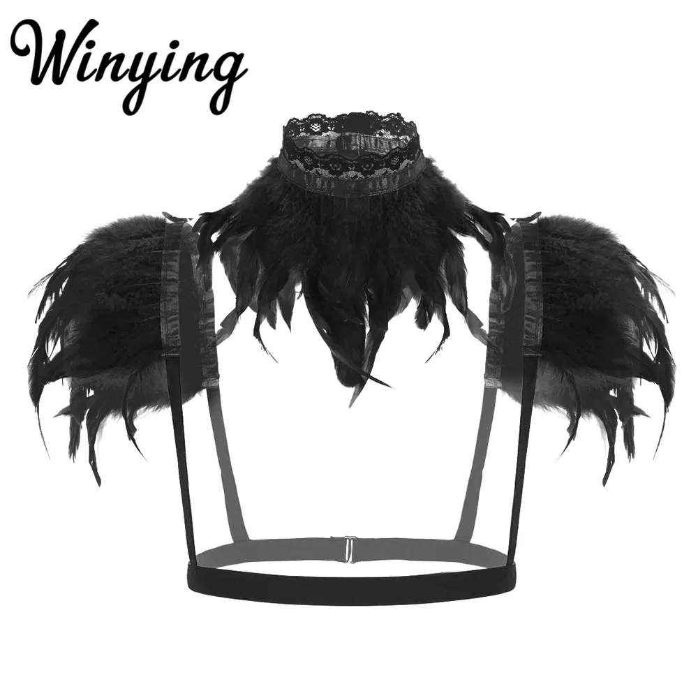 Women Gothic Natural Feather Shrug Shawl Shoulder Wings Lingerie Female Body Sexy Caged Bra Festival Rave Costume Harness Belts