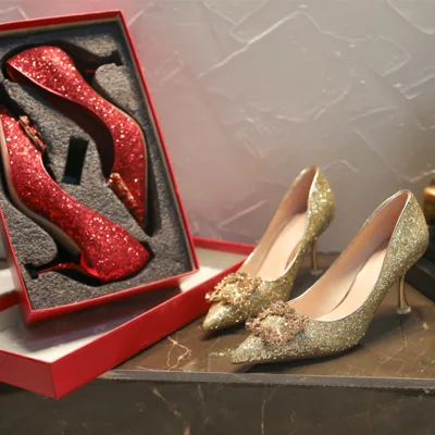 

New Style Wedding Shoes Pointed Toe Rhinestone Shallow Mouth High Heels Autumn Bridesmaid Rubber Greet Single 7.5 Heels