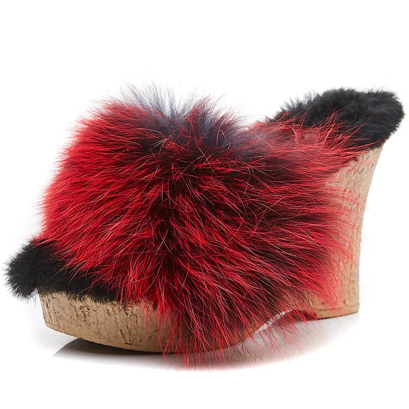 

Womens Real Fox Fur Furry Platform Wedge High Heel Warm Winter Mules Slipper Plush Slides Shoes Thick Match Colors New 2022