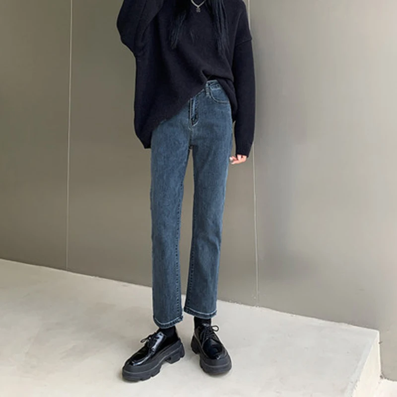 

Jeans Women High Waist Korean Fashion Straight Stretch Pant Streetwear Ladies Black Blue Elegant Thick Denim Trousers Female 871