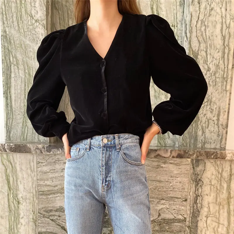 

HziriP Chic Elegant Loose Black V-Neck 2020 Sexy Sweet Gentle Blouse Women Streetwear Solid Brief Puff-Sleeved Velvet Shirts