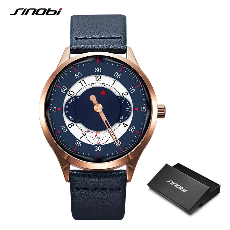 Blue Watch SINOBI Новое поступление мужские часы Креативный поворотный стол дизайн мужские часы кожаный ремешок кварцевые наручные часы Дата Неделя часы relogio 19 - Цвет: Blue Watch