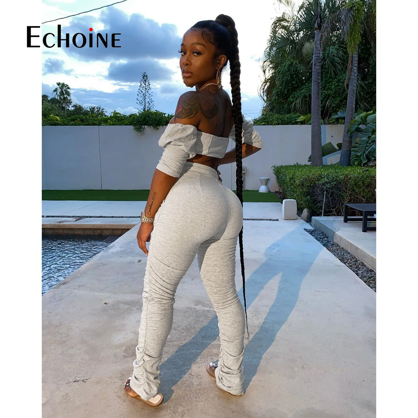 

Echoine Summer 2020 Women Sport Two Piece Set Tracksuit Off Shoulder Tube top Tops trousers Jogger Suit Outfits Matching Set