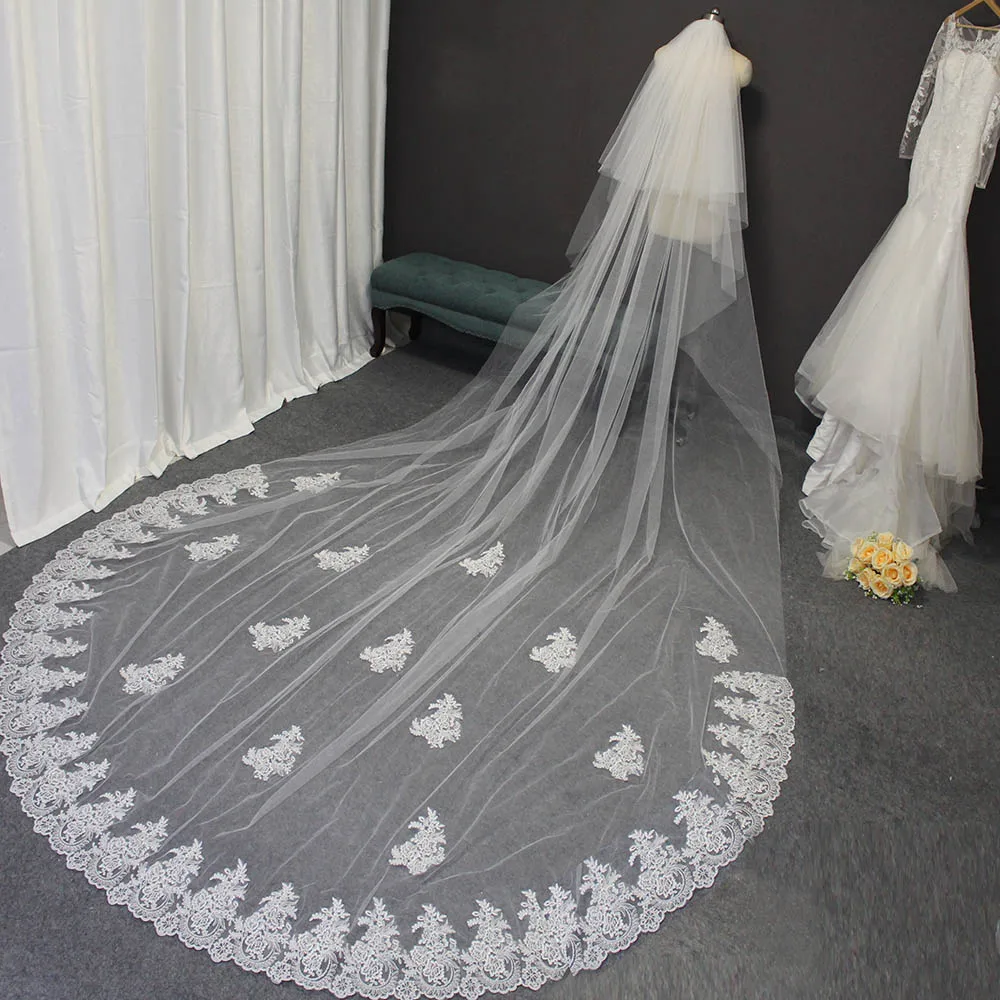 

High Quality Lace Long Wedding Veil 4 Meters 2 Layers Bridal Veil with Comb White Ivory 2T 4M Veil Wedding Accessories