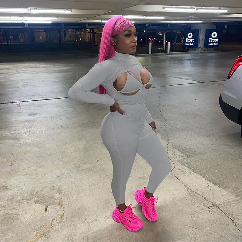 Комбинезон женский облегающий с длинным рукавом Модный Белый спортивный ромпер