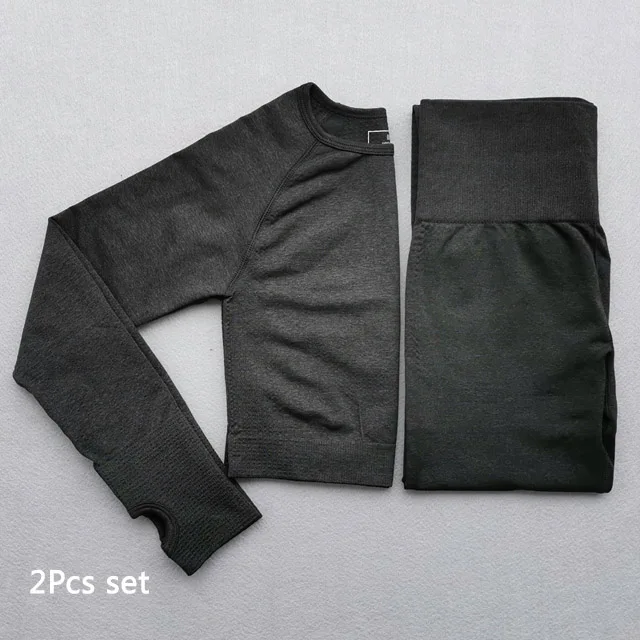 Black 2pcs set Женский бесшовный комплект для йоги, одежда для фитнеса, спортивная одежда, женские леггинсы для спортзала, леггинсы с эффектом пуш-ап, укороченные рубашки, спортивные костюмы - Цвет: Black 2pcs set