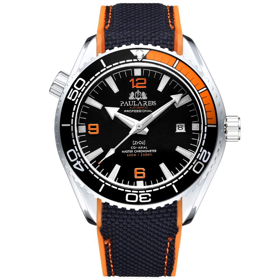 White Orange Black Мужские автоматические механические холщовые часы с резиновым ремешком James Bond 007, стильные оранжевые, синие, красные классические часы с вращающейся рамкой - Цвет: White Orange Black