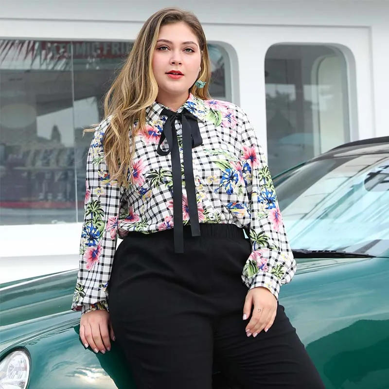 WHZHM клетчатая блузка с бантом размера плюс 3XL 4XL женская длинным рукавом фонариком