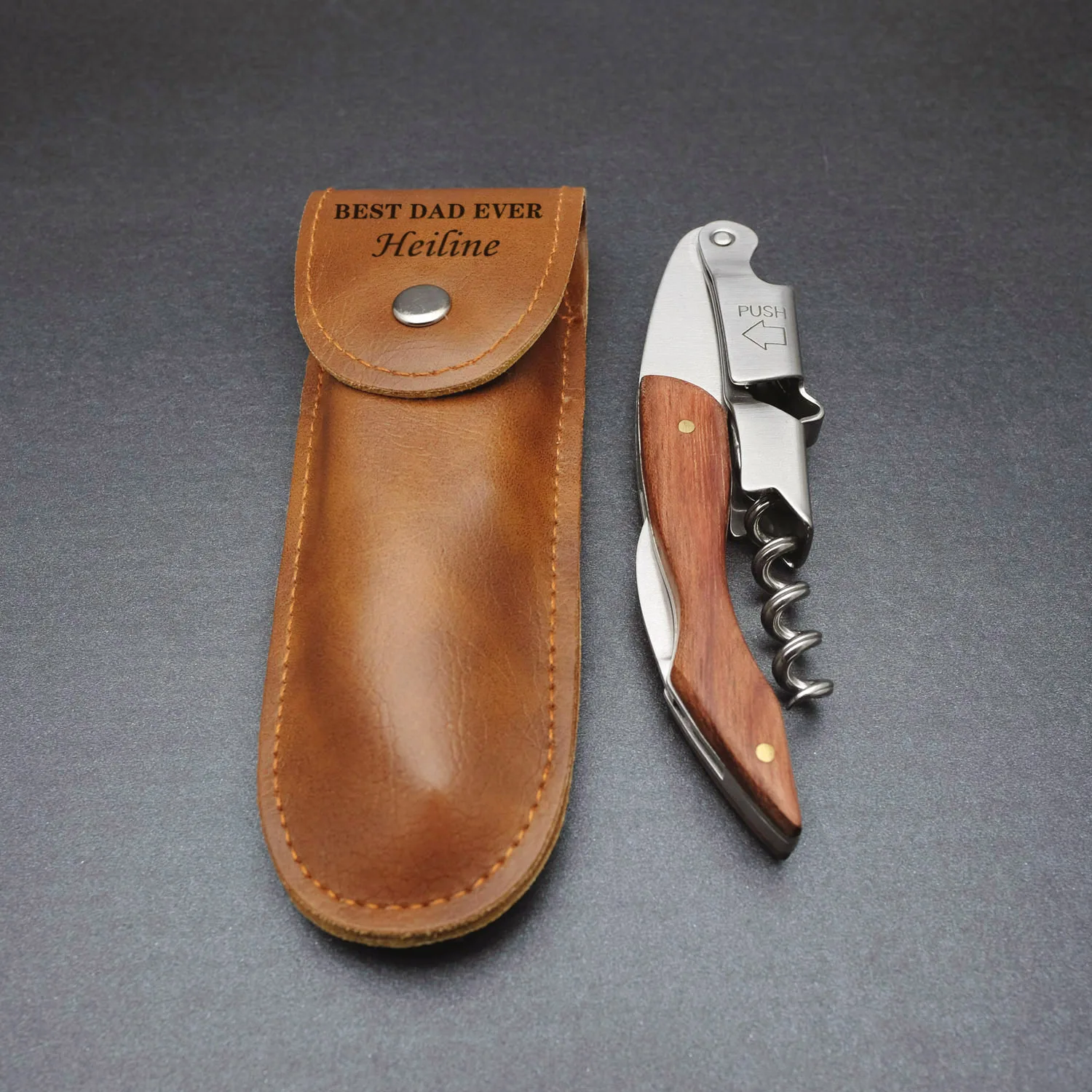 Personalized Corkscrew Wine Bottle Opener with Leather Sheath Wooden Handle Beer Gift For Dad | Дом и сад