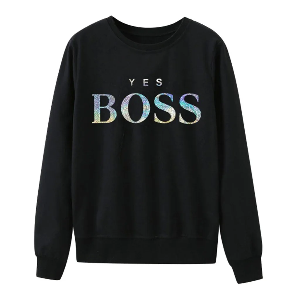 Women Sweatshirt Women Fall Yes Boss Letter Printed Hoodie Sweatshirt Ladies Long Sleeve Pullover Jumper Sudadera Mujer