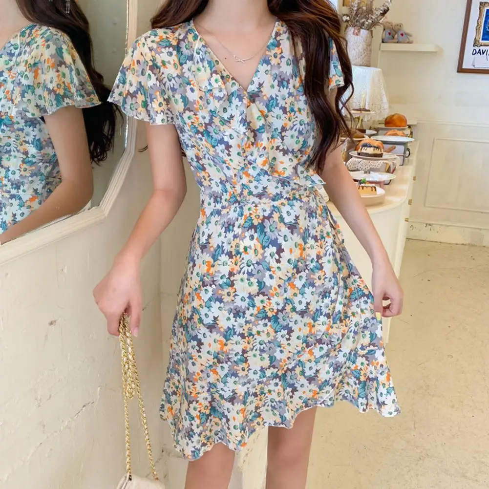 

Женское богемное платье с оборками на рукавах, Шифоновый Сарафан с цветочным принтом на шнуровке, праздничное пляжное праздничное платье с ...