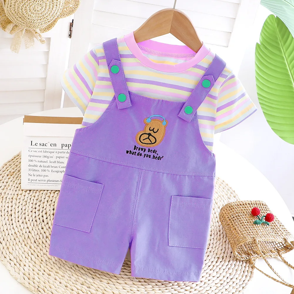 Летний комплект одежды для маленьких девочек футболка в полоску топы