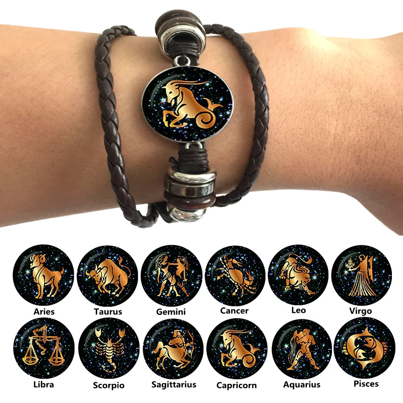 

Leather Bracelet 12 constellation glass texture Leo Pisces cancer, male and female students general factory wholesale