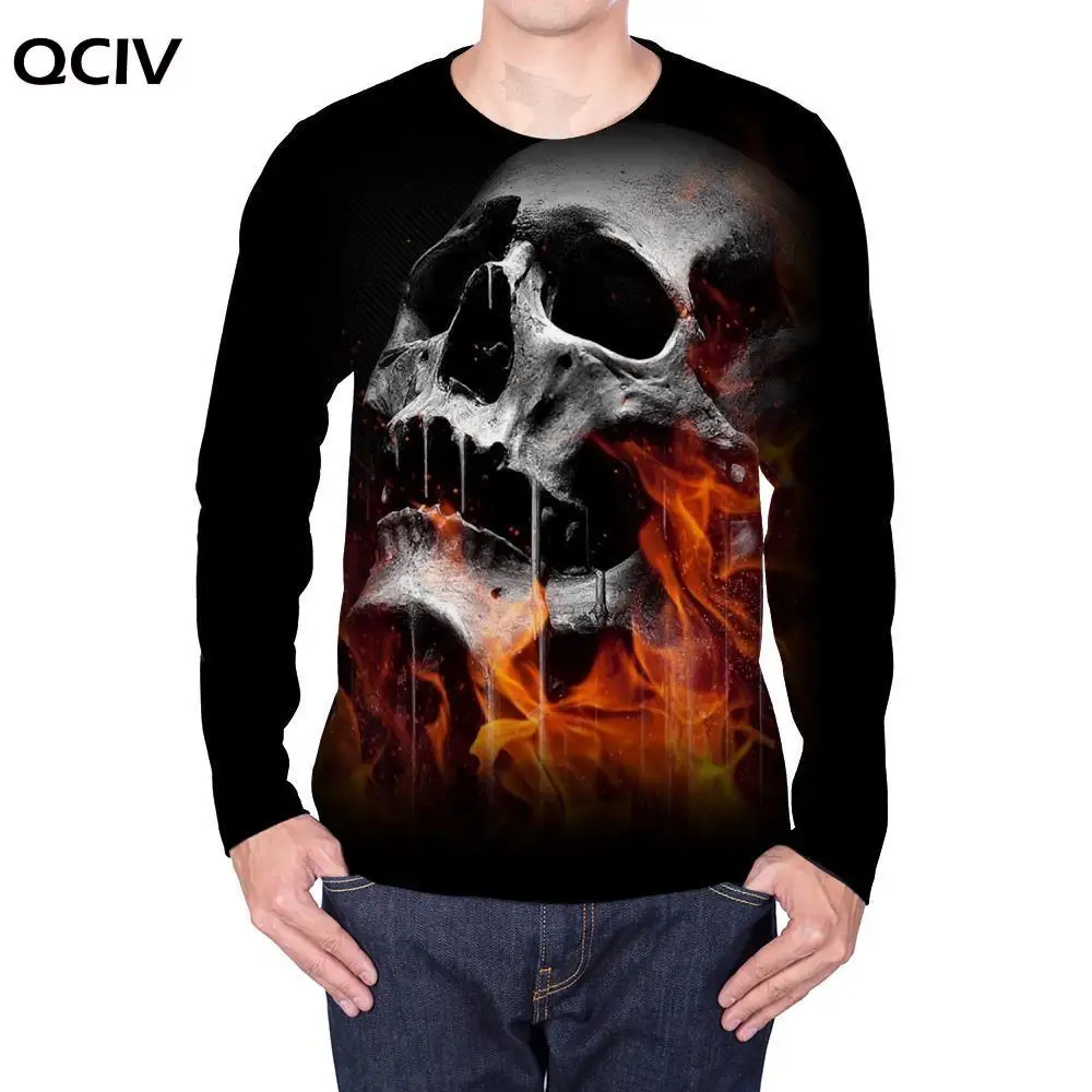 

QCIV Skull Long sleeve T shirt Men Flame Hip hop Skeleton Funny T shirts Black Anime Clothes Mens Clothing Summer Fashion