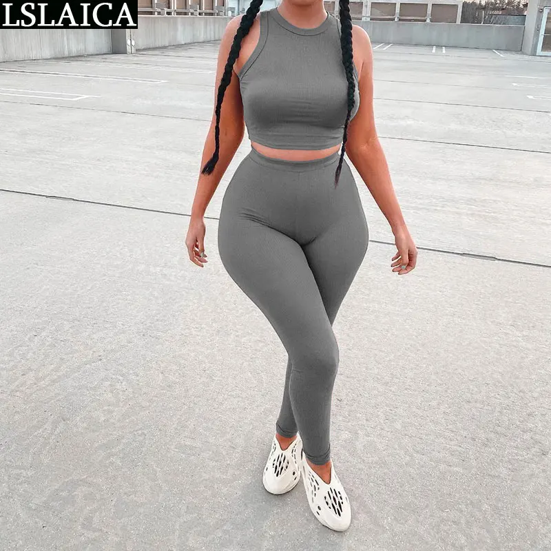 

Two-piece Solid Color Vest Sleeveless Casual Pullover O-Neck Elastic Waist Clothes for Women Hot Sale Fitness Tracksuit 2 Piece