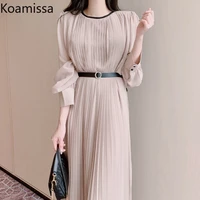 koamissa elegant solid woman chiffon pleated a line dress sweet lady fashion dresses chic korean belt maxi vestidos spring 2022