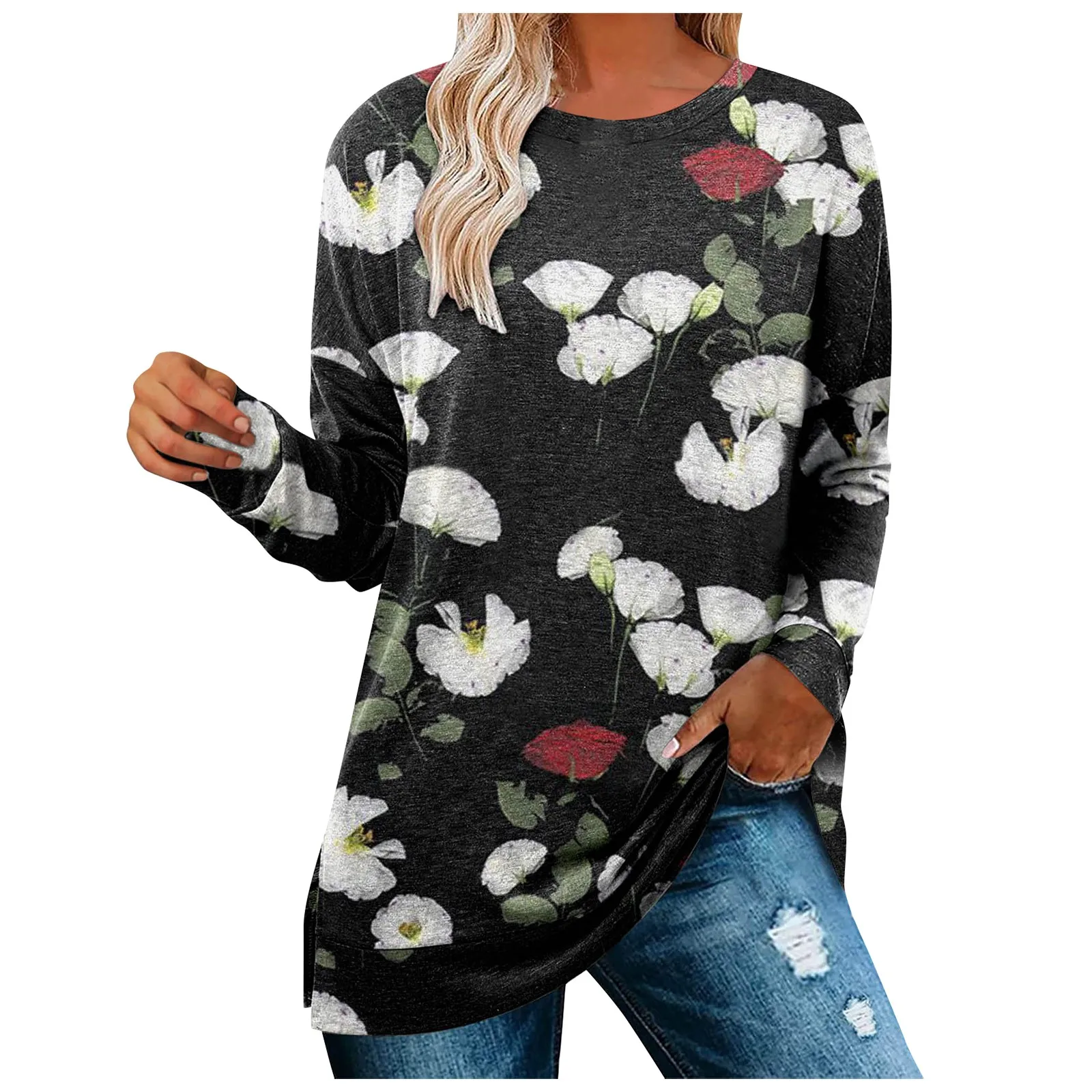 

Women's Autumn Long Sleeve Shirts Casual Loose O-Neck T-Shirts For Women Pullover Sweet Flower Printed Tops Shirts poleras mujer