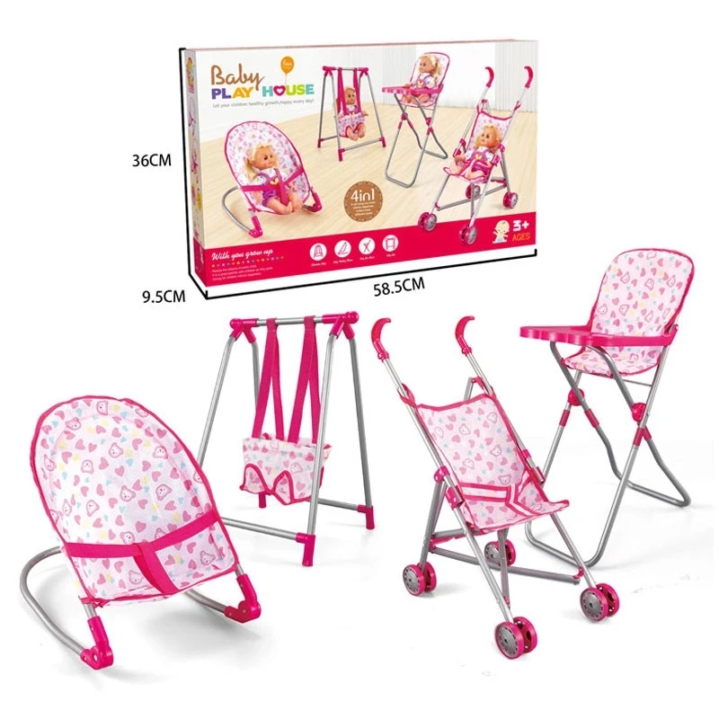 Cot Highchair Stroller 4 In 1 Gift Box Dollhouse Accessories