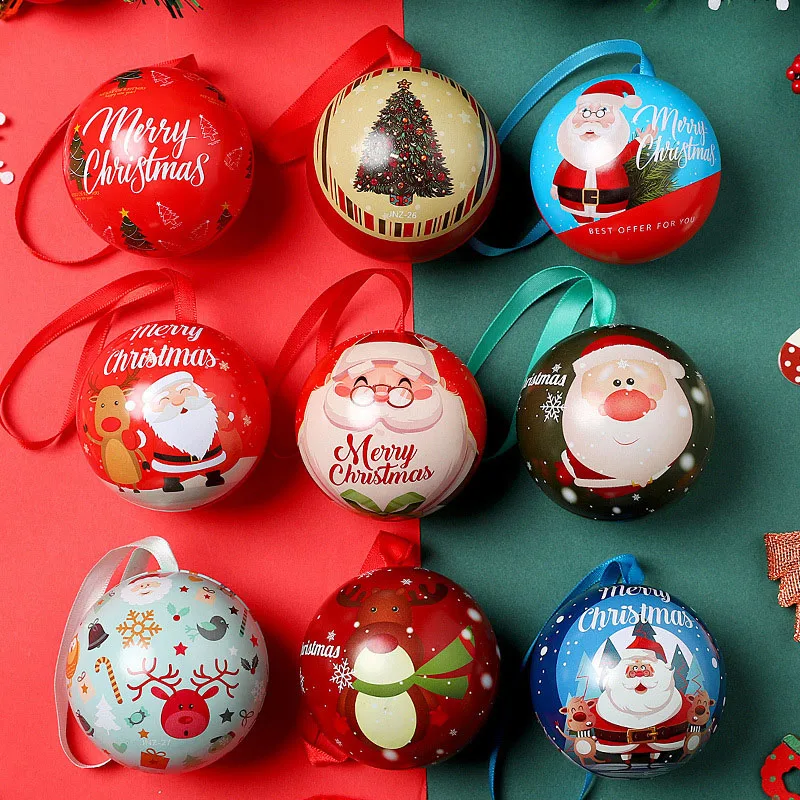 

Creative Christmas Candy Box Tinplate Ball Candy Jar Gift Round Ball Packaging Box Christmas Decorations Xmas Tree Hanging Decor