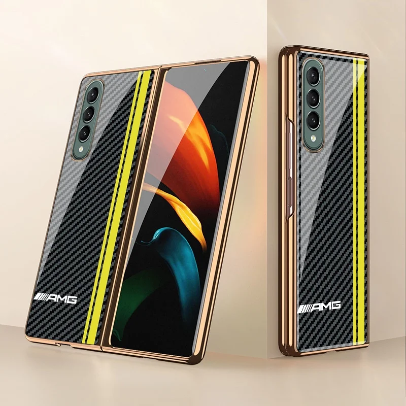 Luxury Tempered Glass Case For Samsung Galaxy Z Fold4 Fold 3 2 Metal Plated Frame Carbon Fiber Texture Cover