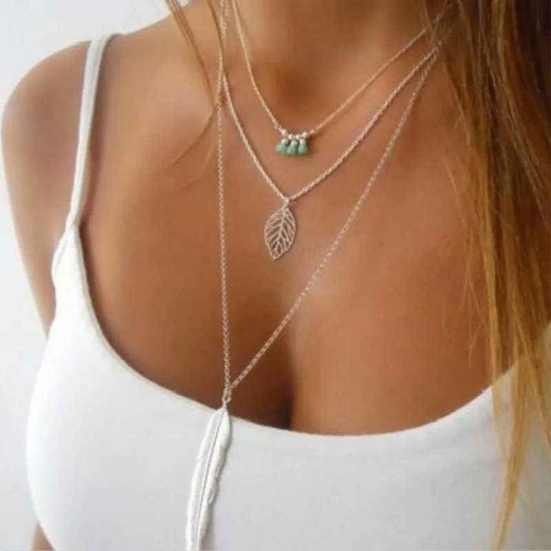 

Ornament Alloy Necklace Rice-shaped Beads Stringed Beads Leaf Feather Combination Necklace Fashion Jewelry