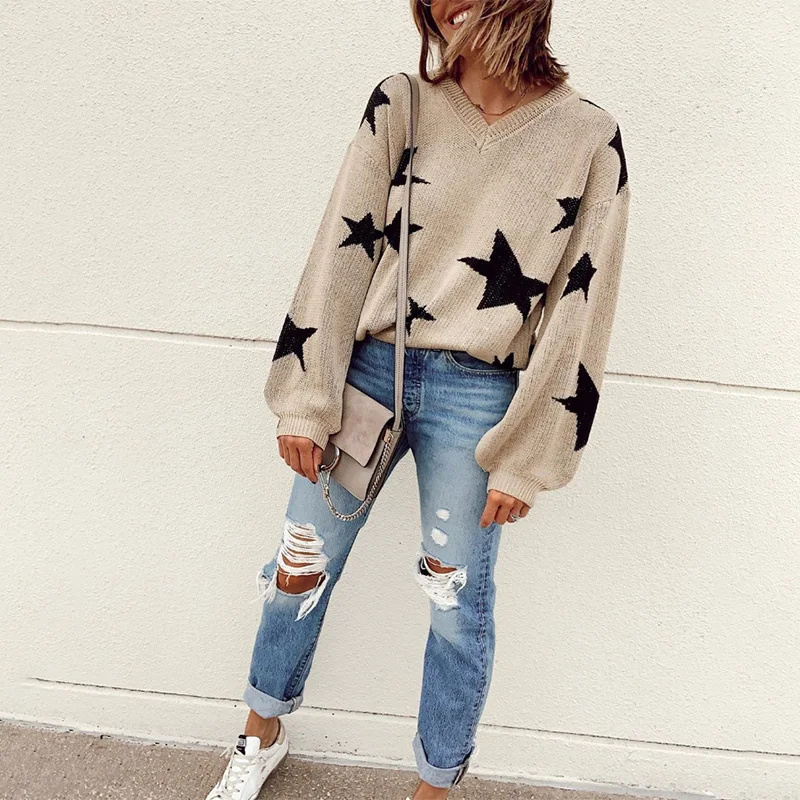 Женские повседневные пуловеры с принтом звезды длинный рукав круглый вырез