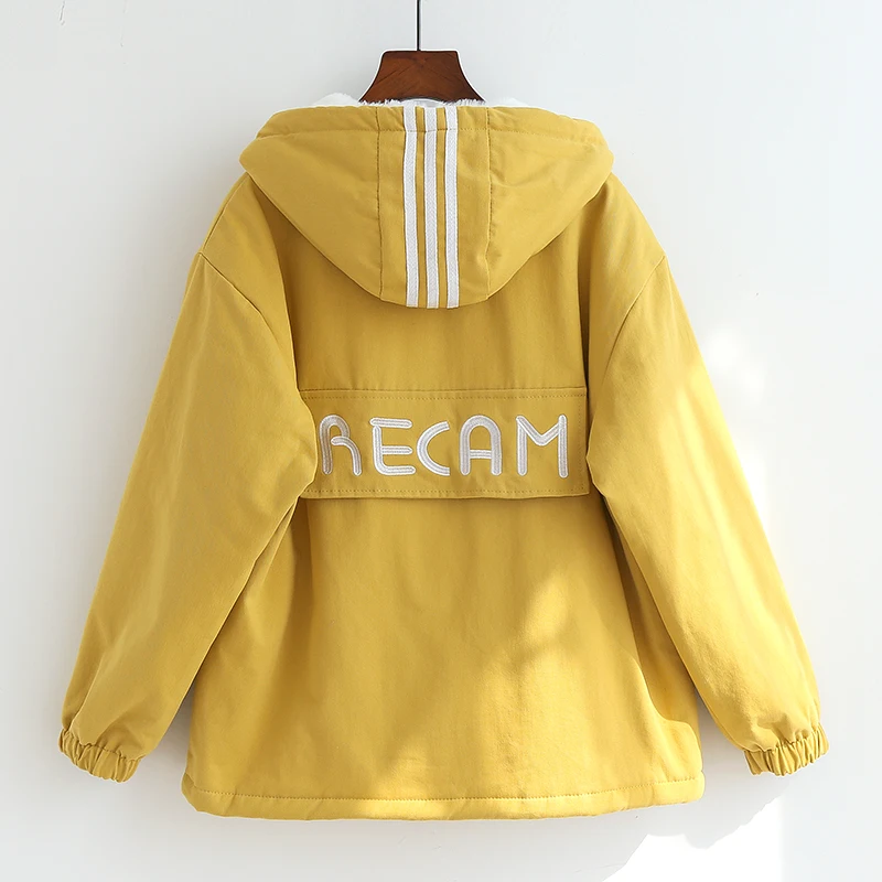 Only Plus Women Winter Thick Coats Warm Fashion Loose Hooded Zipper Jackets Yellow Outwear Cotton Padded Coat | Женская одежда