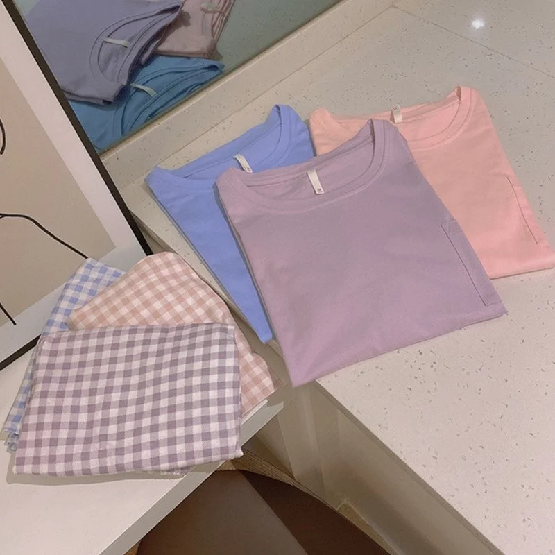 QWEEK Sleep Top and Plaid Pants Pajamas Girls Women Spring Summer 2021 Pyjamas  Short Sleeve Pijamas Round Neck Nightwear Sets